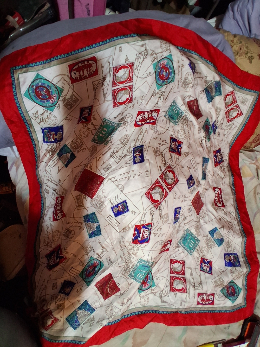 Cream Postage-Print Silk Scarf with Red Border